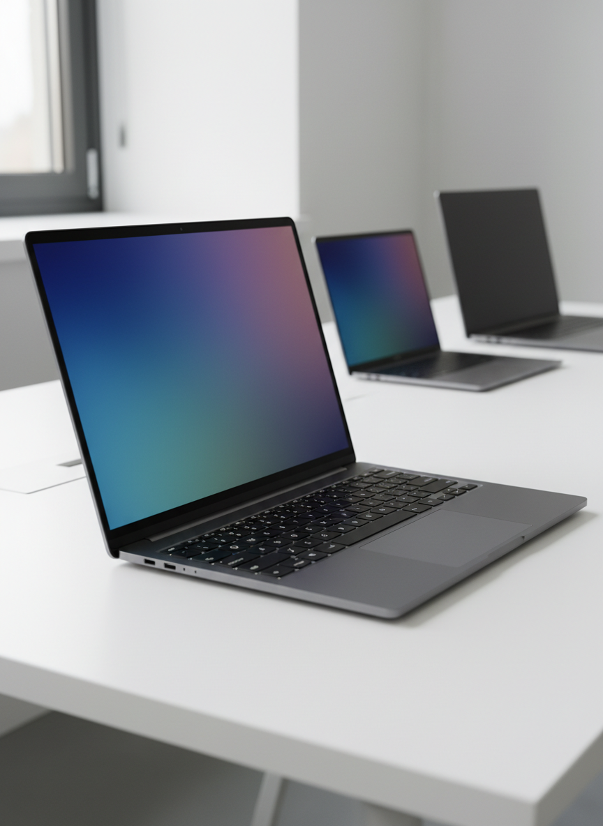 A sleek, modern 2026 ultrabook laptop in matte dark gray aluminum, lid open on a clean white desk in a minimalist office. The ultra-thin bezels frame a bright, color-accurate display showing a subtle abstract gradient without any text. A brushed metal hinge and backlit keyboard with low-profile keys catch the soft, diffused daylight from a nearby window. In the background, slightly out of focus, are two other closed laptops of different sizes, suggesting comparison. Photographic realism, eye-level angle with a slight diagonal perspective, shallow depth of field, and a calm, professional atmosphere that conveys premium quality and expert tech evaluation.