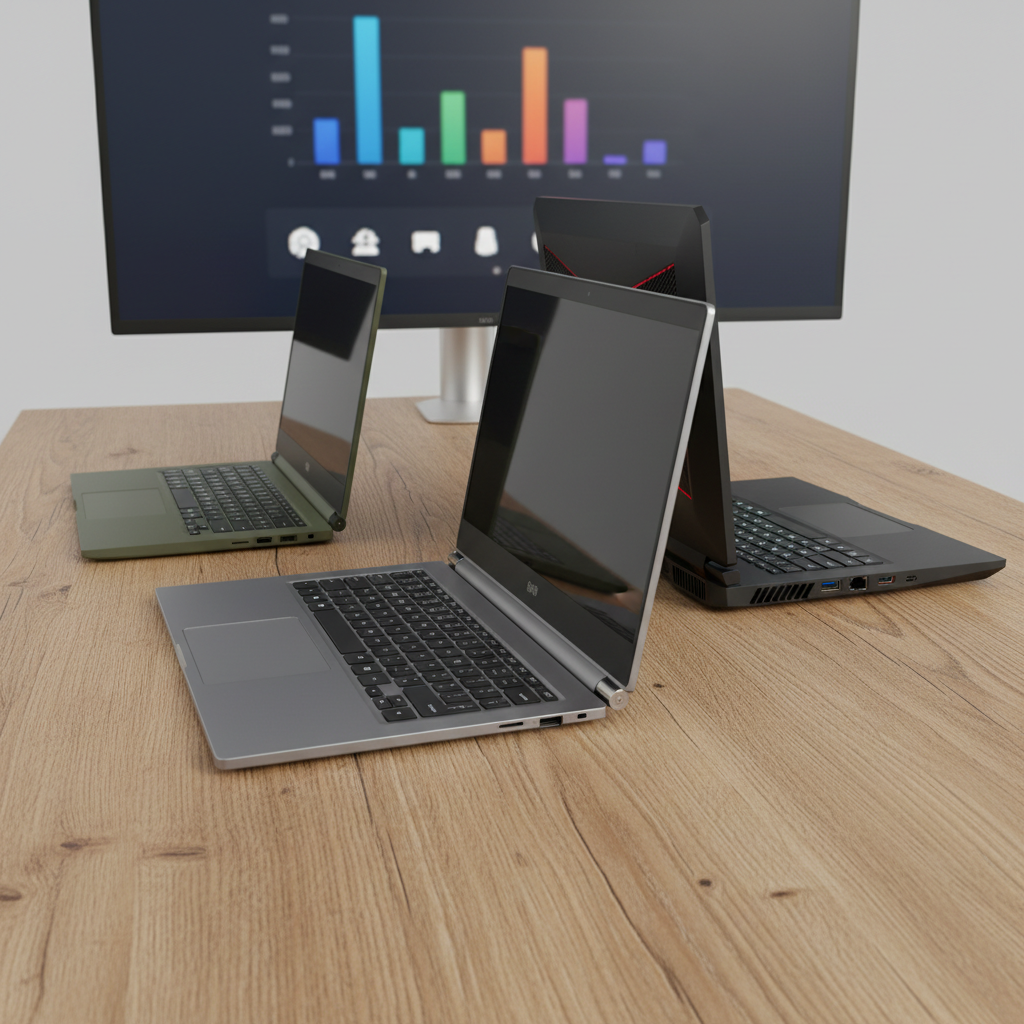 Three contrasting 2026 laptops arranged on a wide oak desk: an ultra-thin productivity ultrabook, a chunky high-end gaming laptop with subtle angular vents, and a compact travel notebook with a matte finish. Each device is angled slightly differently to reveal ports, keyboard layouts, and hinge designs. A large external monitor in the background shows a blurred specification chart of colored bars and icons with no readable text. Neutral studio lighting from above and the front creates crisp reflections and clear edges. Photographic realism, shot from a slightly elevated angle with sharp focus throughout, evoking a professional comparison test bench for a laptop review site.